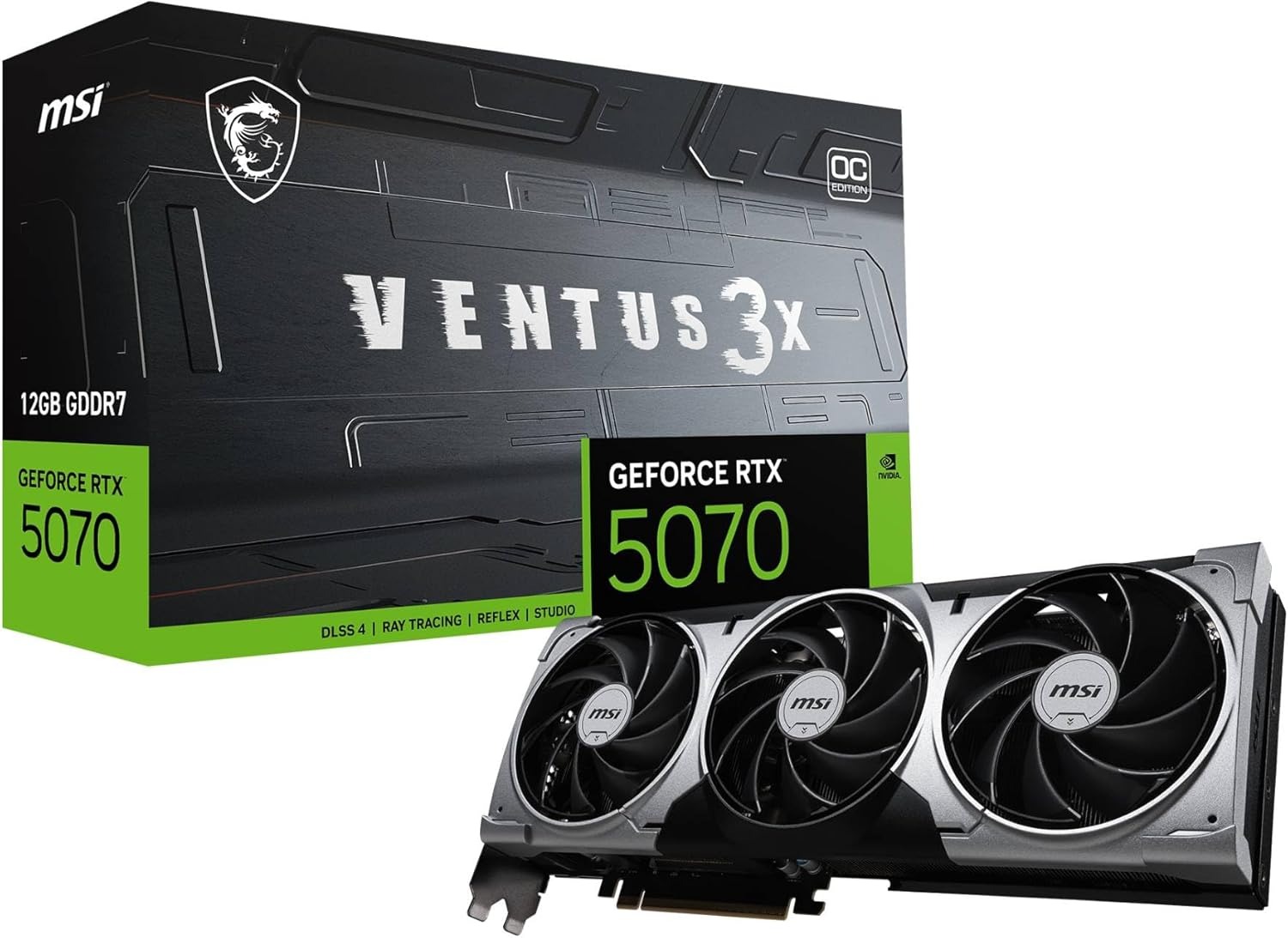 Carte graphique MSI GeForce RTX 5070 VENTUS 3X avec triple ventilateur montrée à côté de son emballage de vente au détail présentant le modèle et les caractéristiques.